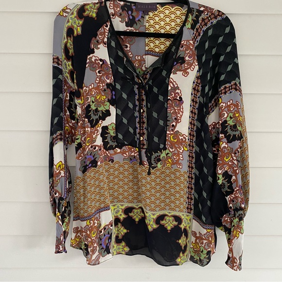 Hale Bob Floral Geo Patchwork 100% Silk Henley Dolman Tunic To, Medium - Picture 2 of 8